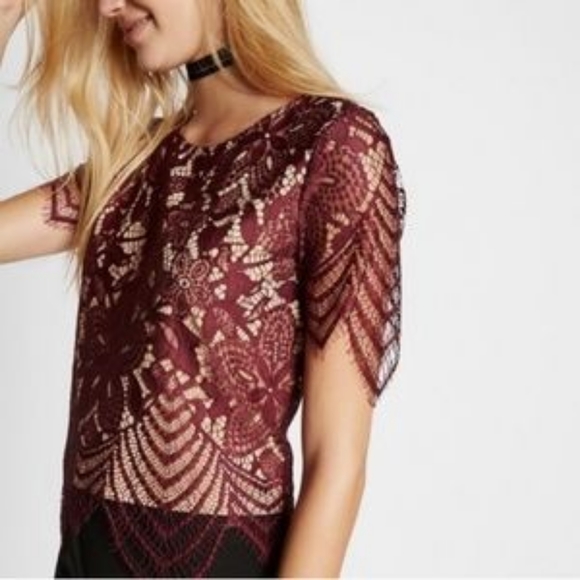 Express Wine Lace Overlay Lined Crop Top - Picture 8 of 9